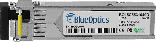 BlueOptics SFP Transceiver BO15C5531640D kompatibel mit Level One 551095, LC-Simplex, 1000BASE-BX-D, Singlemode Fiber, TX1550nm/RX1310nm, 40KM, DDM, Farbe: Silber - Bild 1