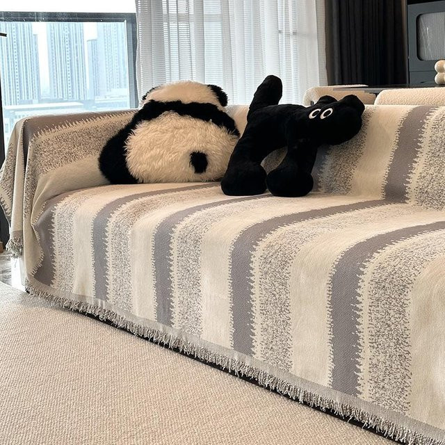 Yiran Furniture Ganzjahres-Sofabezug aus Chenille in Grau mit wendbarer Fransenkante im Boho-Stil, B/B: 180 x 130 cm - Bild 1