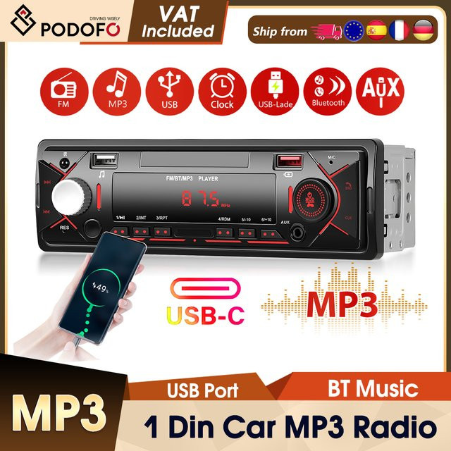 Podofo 1DIN Einbau-Autoradio MP3-Player mit USB/AUX-IN und Fernbedienung in Schwarz - Bild 1