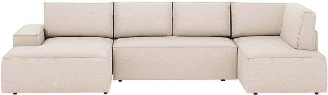 Vente-unique Schlafsofa Amelia in Beige mit L-Form und Strukturstoff - Bild 1