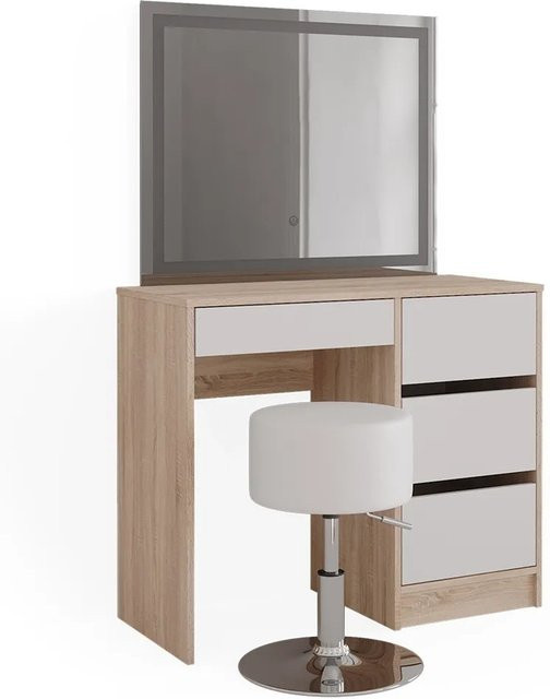Vicco Schminktisch Sherry mit LED-Spiegel und Hocker in Weiß und Eiche, B/T/H: 90 x 40 x 75 cm - Bild 1