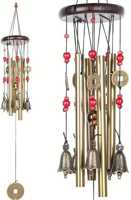 Chinesisches traditionelles Retro-Windspiel aus Metall mit 4 Röhren und 5 Glocken in Bronze, ideal als Feng Shui Glückswindglocke für Garten und Terrasse - Bild 1