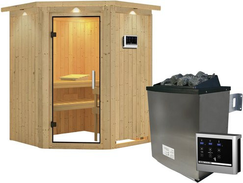 Karibu Sauna Tartu aus Fichtenholz mit 9 kW Saunaofen und externer Steuerung für 3 Personen, beige, B/T/H: 202 x 165 x 165 cm - Bild 1