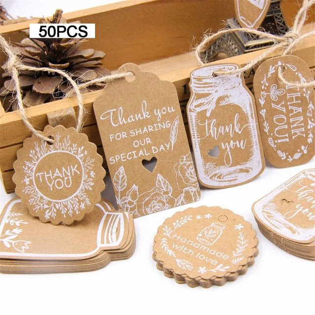 50 Stück Kraftpapier Tags in Braun für DIY Geschenke und Hochzeiten mit Seil - Bild 1