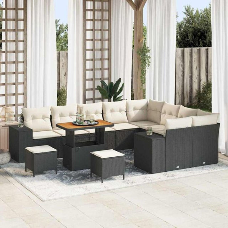 vidaxl Garten-Sofa-Set aus Polyrattan mit 12 Teilen in Schwarz und Creme, modernes modulares Loungemöbel-Set mit Fußhocker, B/T/H: 90 x 55 x 71 cm - Bild 1