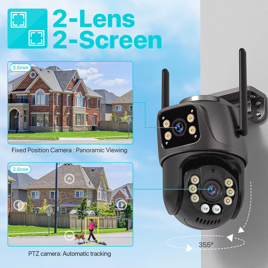NINIVISION 8MP 4K HD WLAN PTZ-Kamera für den Außenbereich mit 4MP Dual-Objektiv, Dual-Bildschirm, KI-Auto-Tracking und iCSee in Schwarz - Bild 2