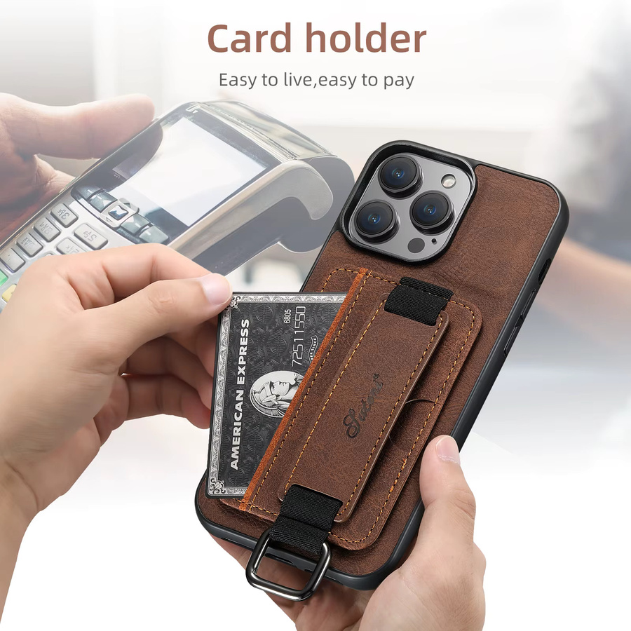 SUTENI Handyhülle mit Lychee-Haut-Print und Kartenhalter für iPhone 11 bis iPhone 17 Pro Max in Schwarz und Braun - Bild 3