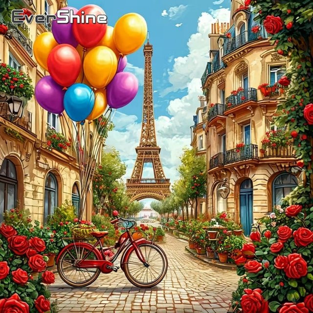 EverShine Diamantmalerei Straßenlandschaft mit Eiffelturm und Fahrrad als DIY Stickerei Set in Multicolour, B/T/H: 20 x 20 x 20 cm - Bild 1