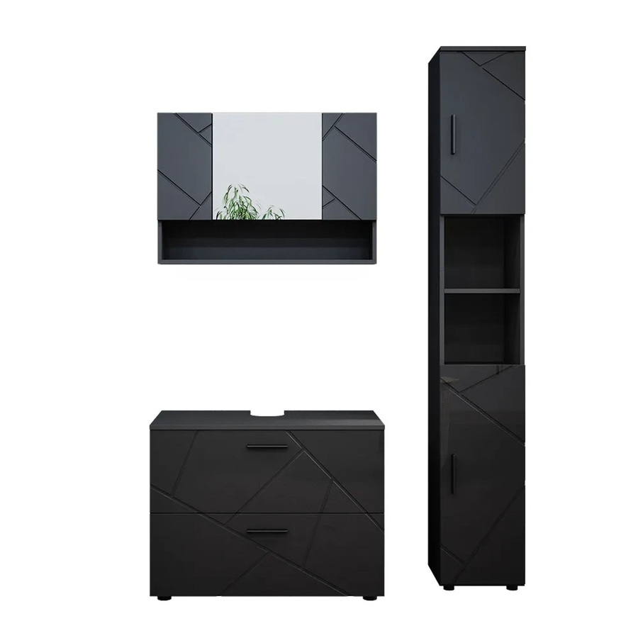 Vicco Badmöbelset Irma in Anthrazit Hochglanz, 3-teiliges Badezimmer-Set mit Spiegelschrank und Waschtischunterschrank, Breite: 80 cm - Bild 3