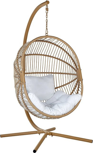 Beliani Hängesessel Egg im Boho-Stil aus PE-Rattan in Beige mit Metallgestell und Polstern, B/T/H: 120 x 98 x 197 cm - Bild 1