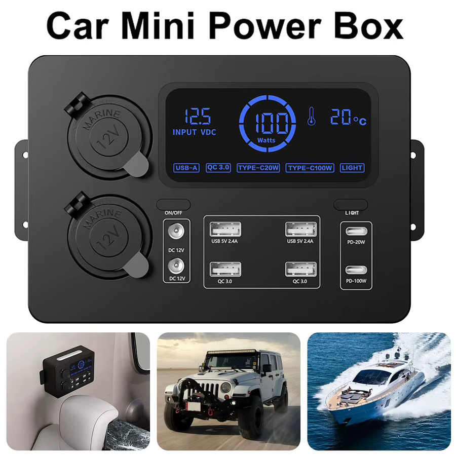 600 W Auto Power Box Multi Power Adapter in Schwarz mit 12 V und 5 V Digital Typ-C PD USB Ladegeräten, LED Licht, Control Hub und Voltmeter für RV und Boot - Bild 2