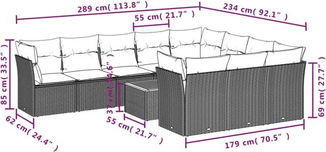 vidaXL 11-tlg Garten-Sofagarnitur aus Poly-Rattan und Akazienholz mit Kissen in Schwarz, Braun und Cremeweiß - Bild 1