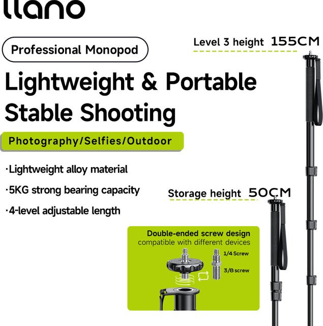 Llano Kamera-Einbeinstativ aus Aluminiumlegierung in Schwarz für spiegellose Kameras und Smartphones, Multifunktions-Vlogging-Halterung mit Steady-Walk-Funktion - Bild 1