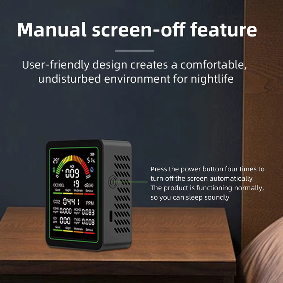 Gaqqee 9-in-1 Luftqualitätsmonitor für Innenräume mit CO2-, Formaldehyd-, TVOC-, Temperatur-, Feuchtigkeits- und Geräuschmessung sowie Farbalarmsystem in Weiß oder Schwarz - Bild 2