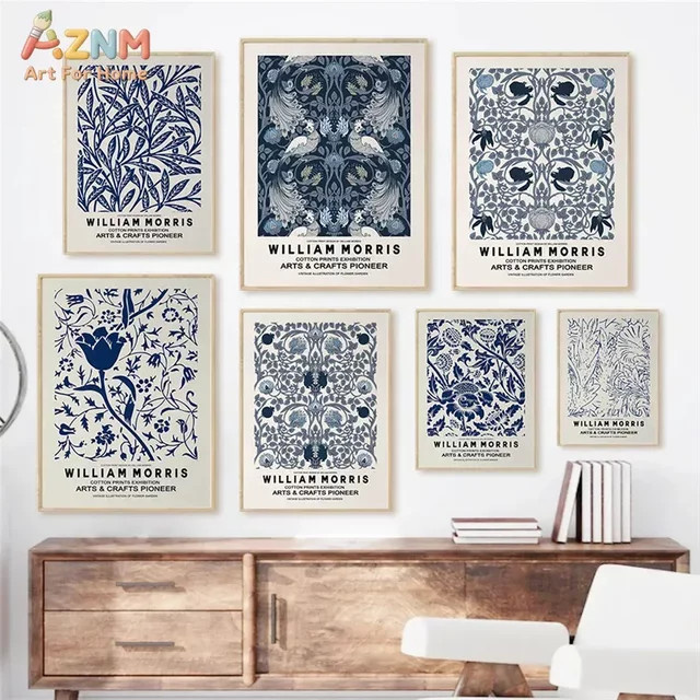 AZNM Wandkunstdruck aus Leinwand im William Morris-Stil mit blauem Blumenmuster und botanischem Vintage-Design - Bild 1