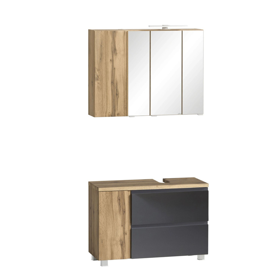 Held Möbel Ancona 2-tlg Badezimmer-Set mit Unterbecken-Schrank und Spiegelschrank, Mattgrau-Wotaneiche, Breite: 85 cm - Bild 2