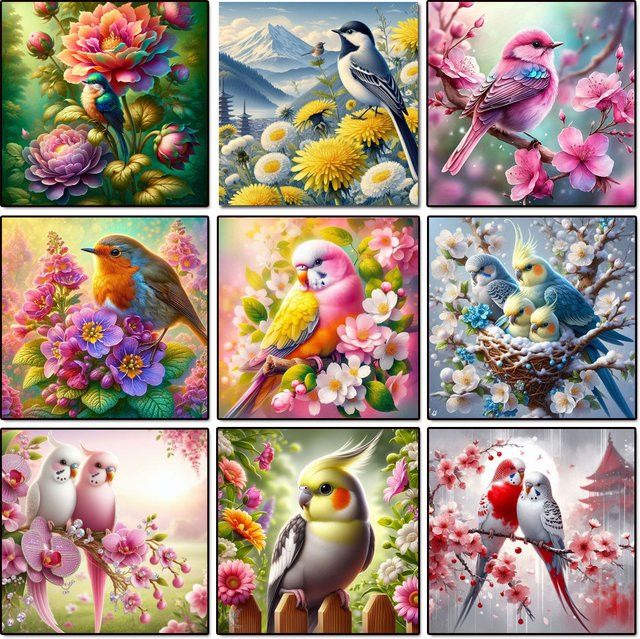 Potdemiel DIY Diamantmalerei Set Blume und Vogel als Mosaik-Stickerei für die Wanddekoration in Multicolor - Bild 1