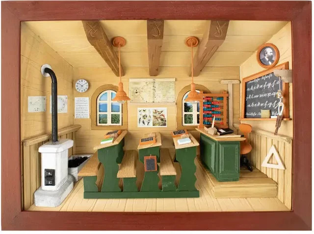 Vintage 3D-Holzbild Klassenzimmer in Braun, Schwarz und Multicolour, rechteckig - Bild 1