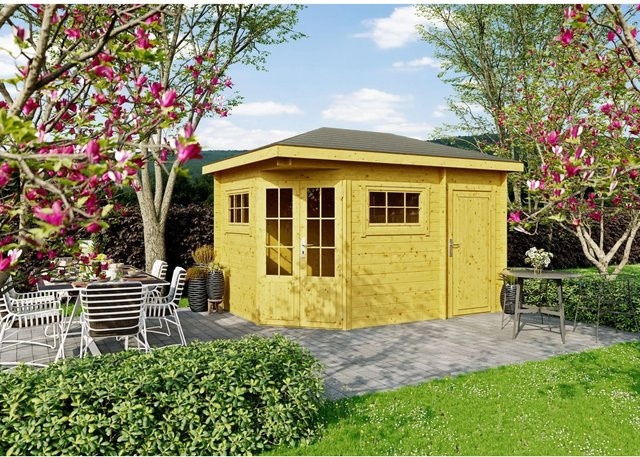 Fjordholz Gartenhaus Evelyn 5-Eck aus imprägnierter Kiefer in Braun und Gelb mit Fenster und Tür - Bild 1