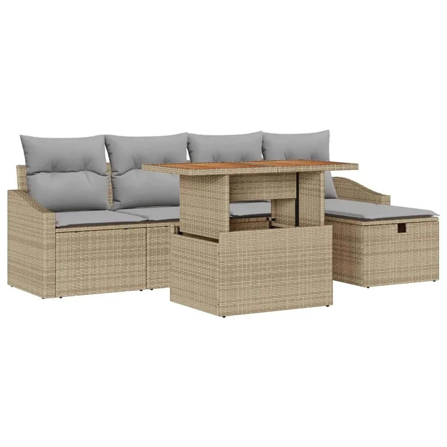 vidaXL 6-teiliges Garten-Sofa-Set in L-Form aus Poly-Rattan und Akazienholz mit Kissen und integriertem Stauraum, Beige - Bild 2