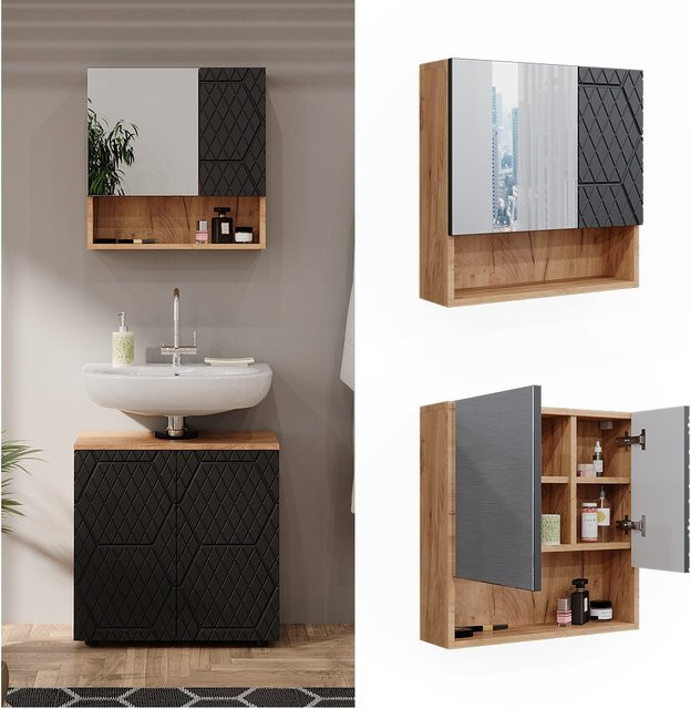 Vicco Badspiegelschrank Irma Eiche Anthrazit mit Goldakzenten B/H: 54 x 55 cm - Bild 1