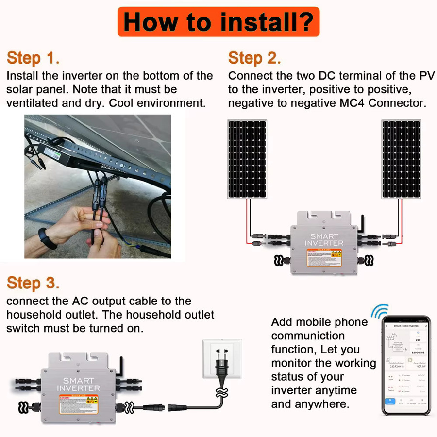Netzgekoppelter Mikro-Solarwechselrichter mit MPPT und WiFi, 1KW (800W/600W), IP65 Schutzklasse, 20-60VDC Eingang, 120V/230V Ausgang, Farbe: Silber - Bild 4