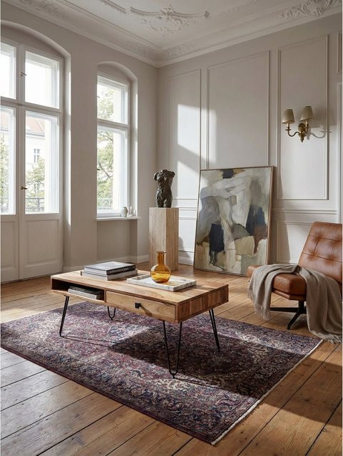 Couchtisch aus Massivholz Akazie in Braun mit Metallbeinen im Landhausstil, B/T/H: 110 x 60 x 40 cm - Bild 1