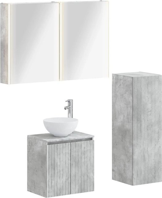vidaXL Badezimmermöbel-Set in Betongrau aus Holz und Glas mit LED-Beleuchtung und Spiegelschrank - Bild 1