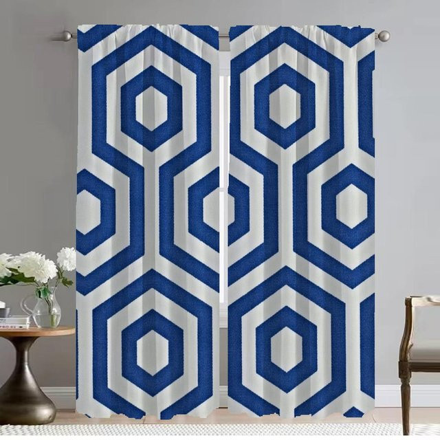 2er-Set Geometrische Muster Vorhänge aus Polyester in Blau, halbtransparent, Breite: 50 cm, Höhe: 70 cm - Bild 1