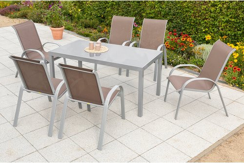 Merxx Gartenmöbelset Amalfi 7-teilig aus Aluminium und Textil in Taupe und Grau mit Sicherheitsglas - Bild 1