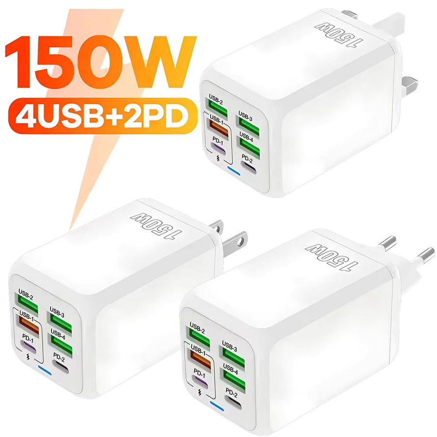 150 W Multi Port USB Schnellladegerät mit 6 Anschlüssen als Wandadapter für iPhone, Samsung und Xiaomi in Schwarz oder Weiß - Bild 4