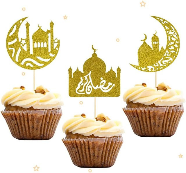 30 Stück Eid Mubarak Cupcake Topper in Gold für Ramadan Kareem Party Dekorationen - Bild 1