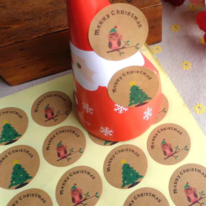 120 Stück DIY Weihnachtsaufkleber mit Eulen- und Weihnachtsbaum-Motiv, runde Frohe Weihnachten Siegelaufkleber in Mehrfarbig für Geschenke und Pakete - Bild 1
