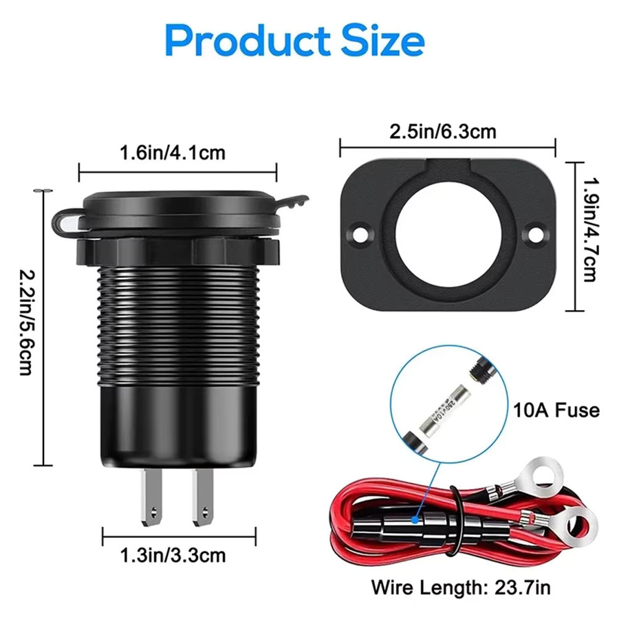 96W Dual USB Auto Ladegerät mit PD und QC3.0, USB-C, Voltmeter und Steckdose, wasserdicht für 12V/24V Auto, Boot, Lkw und Motorrad, Schwarz - Bild 6