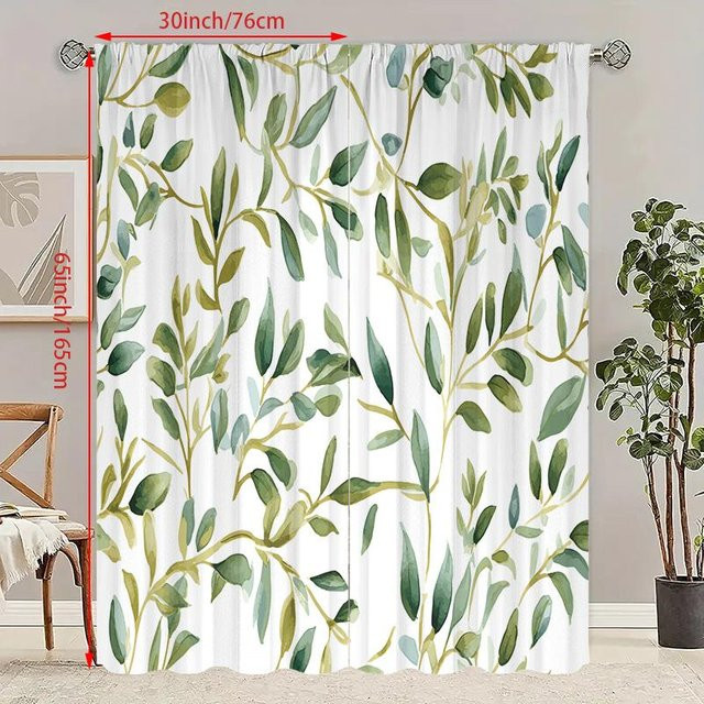 2er-Set halbtransparente Vorhänge mit grünem Blattdruck von Household supplies MH, Polyester, Weiß, Breite: 105 cm, Höhe: 230 cm - Bild 1