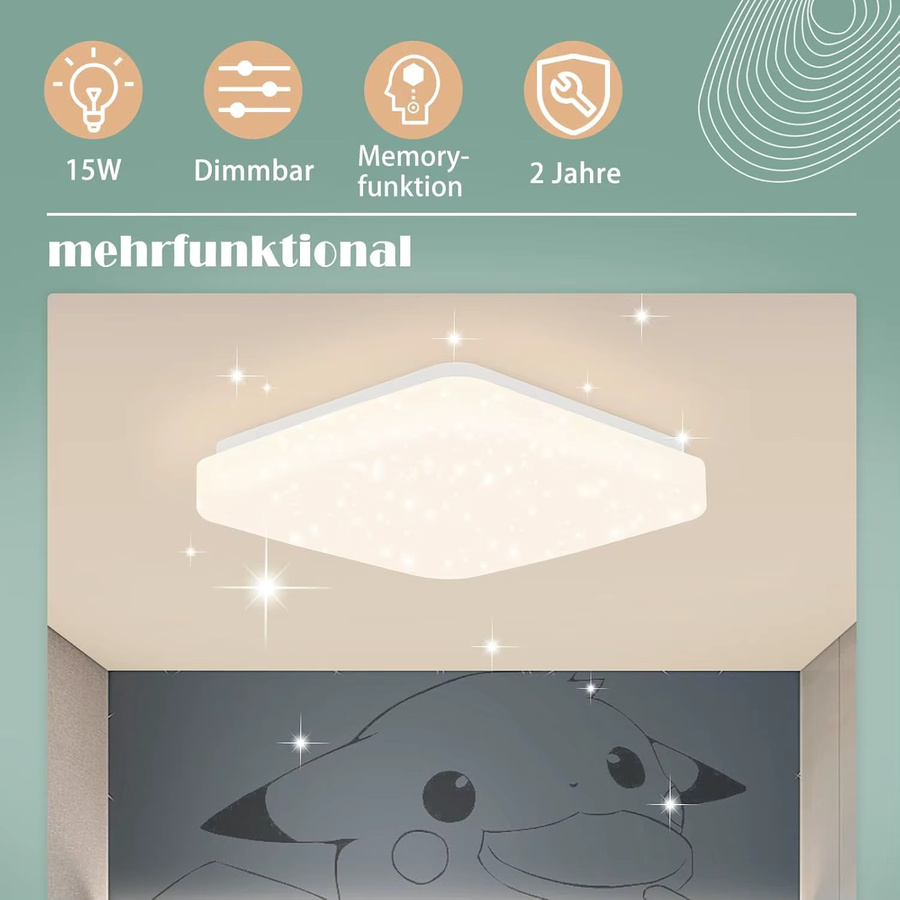 Cliheet LED-Deckenleuchte in Weiß, quadratisch mit Sternenhimmel-Effekt, 15 W, 4000 K, Unterputzleuchte für Schlafzimmer und Küche, Durchmesser: 21 cm - Bild 2