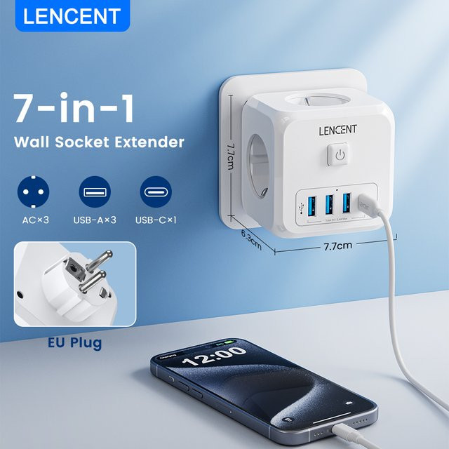 LENCENT 7-in-1 Steckdosenleiste in Weiß mit 3 Wechselstromsteckdosen, 3 USB-Anschlüssen, 1 USB-C Anschluss und Ein/Aus-Schalter - Bild 1