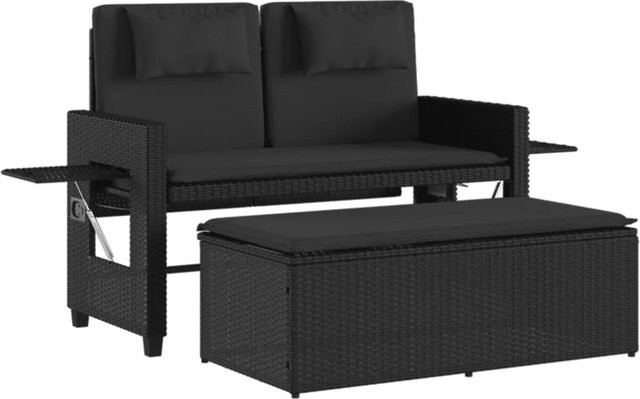 vidaXL Gartenbank aus Poly Rattan mit Kissen und Armlehnen in Schwarz, B/T/H: 122 x 58 x 83 cm - Bild 1