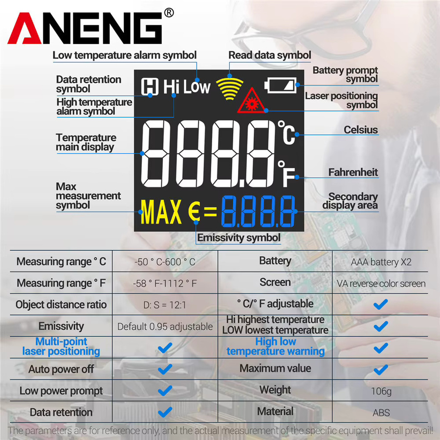 ANENG TH203 Infrarot-Thermometer Digitales Temperaturmessgerät als berührungsloses Pyrometer in Rot - Bild 6