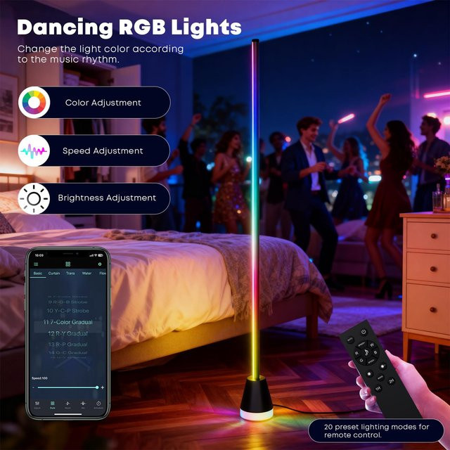 LQWELL RGBIC LED Stehlampe in Schwarz, Smart Ecklampe mit 16 Millionen Farben, dimmbar via App und Fernbedienung, Musikmodus und Timer, Höhe: 150 cm - Bild 1