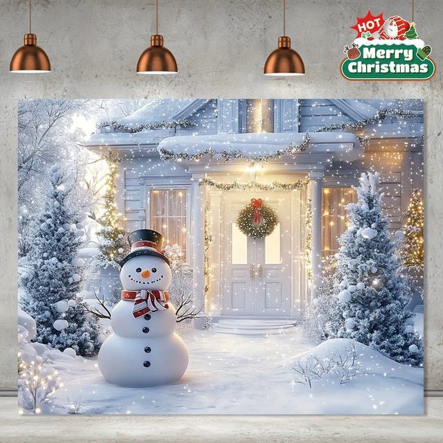 VIKAMA Weihnachts Wandteppich mit Schneemann und Kiefernwald für deine Weihnachtsdeko - Bild 1