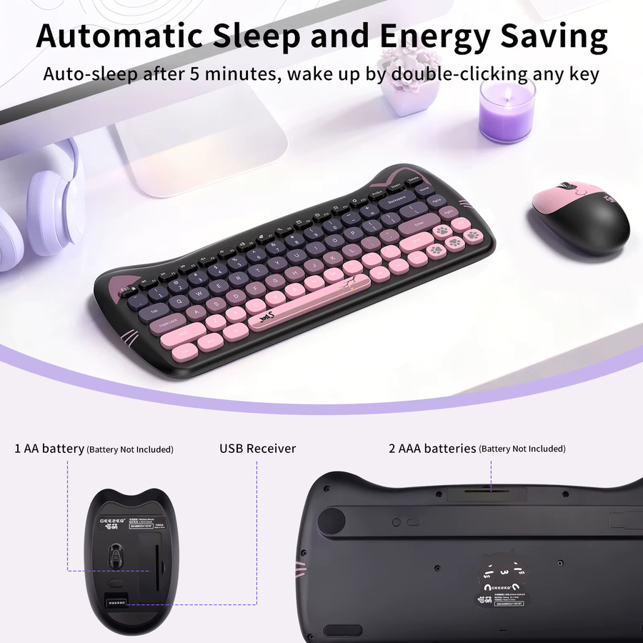 GEEZER Kabellose Tastatur-Maus-Kombination mit Katzenohren im Retro-Design, Rosa-Schwarz, Runde Tastenkappen, US QWERTY-Layout, Bluetooth - Bild 6