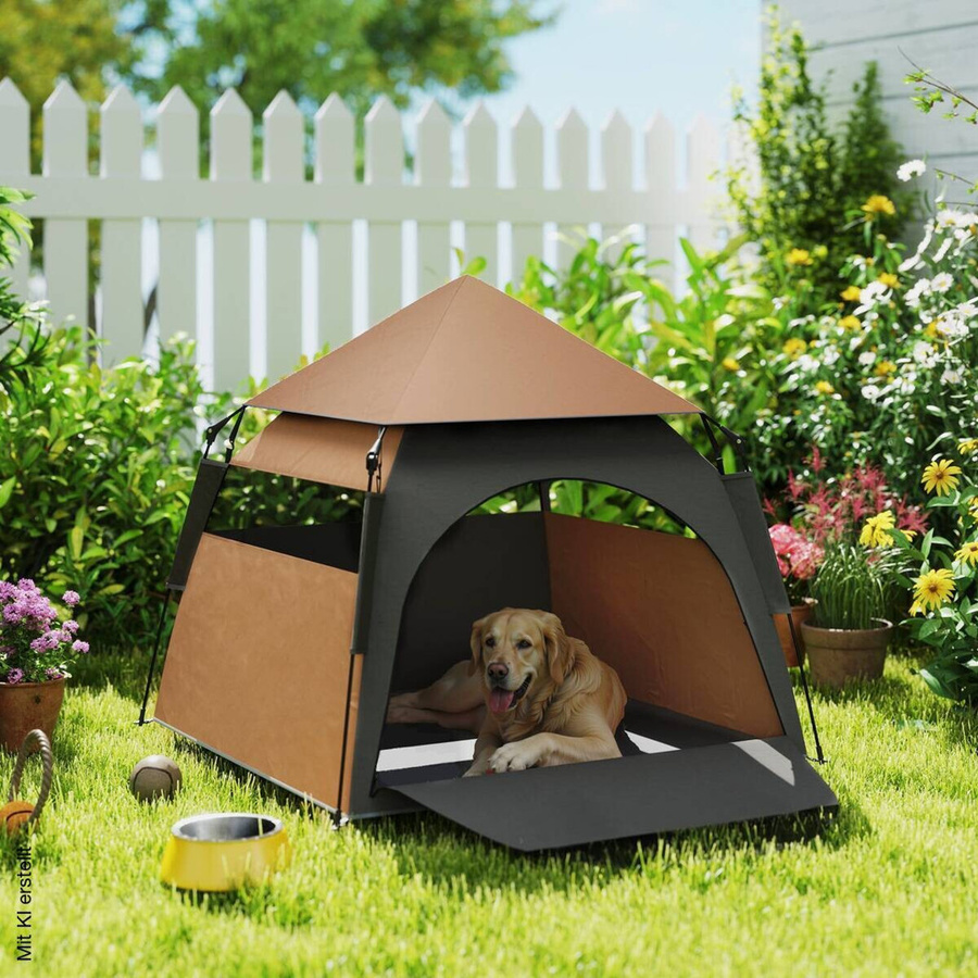 PawHut Haustierzelt für Hunde in Braun, wetterfestes Textil-Zelt als Höhle für den Garten, B/H/L: 120 x 106 x 120 cm - Bild 4