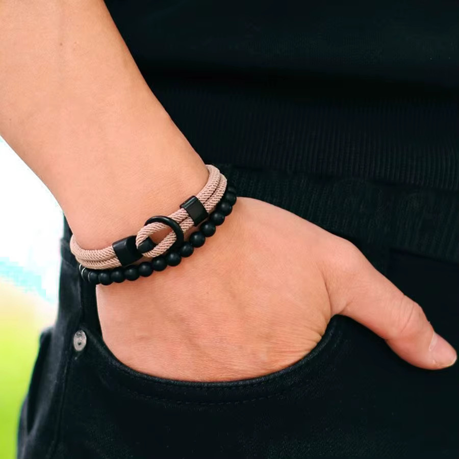 Noter Armband Set, Doppel Schicht Seil, Schwarz, Onyx Stein, Herren - Bild 2