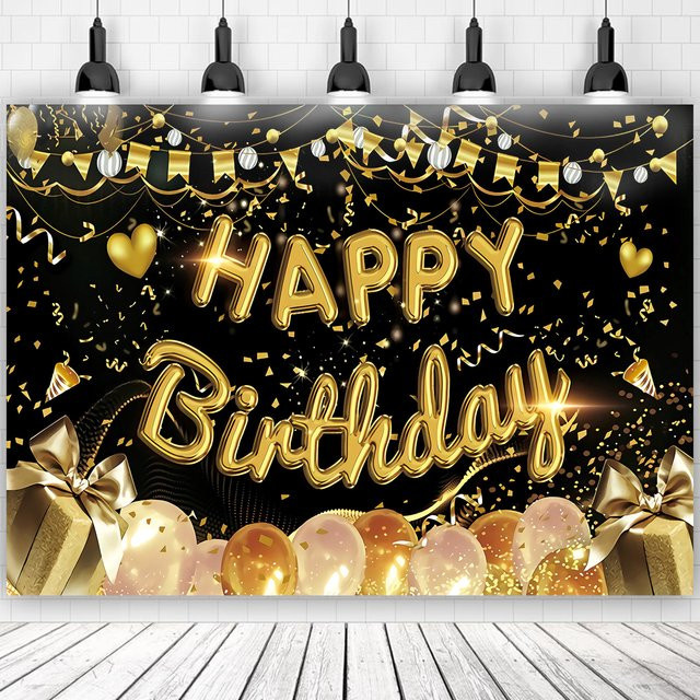 VIKAMA Happy Birthday Hintergrundbanner in Schwarz und Gold für Geburtstag und Jubiläumsfeiern - Bild 1