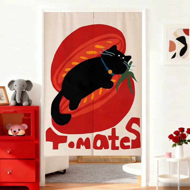 VIKAMA Noren-Vorhang mit Tomaten-Katzen-Muster als Raumteiler und Sichtschutz in Multicolour, B: 120 cm, H: 180 cm - Bild 1