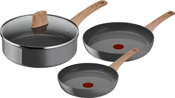 Tefal Renew Keramik Bratpfannenset in Grau bestehend aus zwei Bratpfannen und einer Schmorpfanne mit den Größen 24 cm, 28 cm und 24 cm
