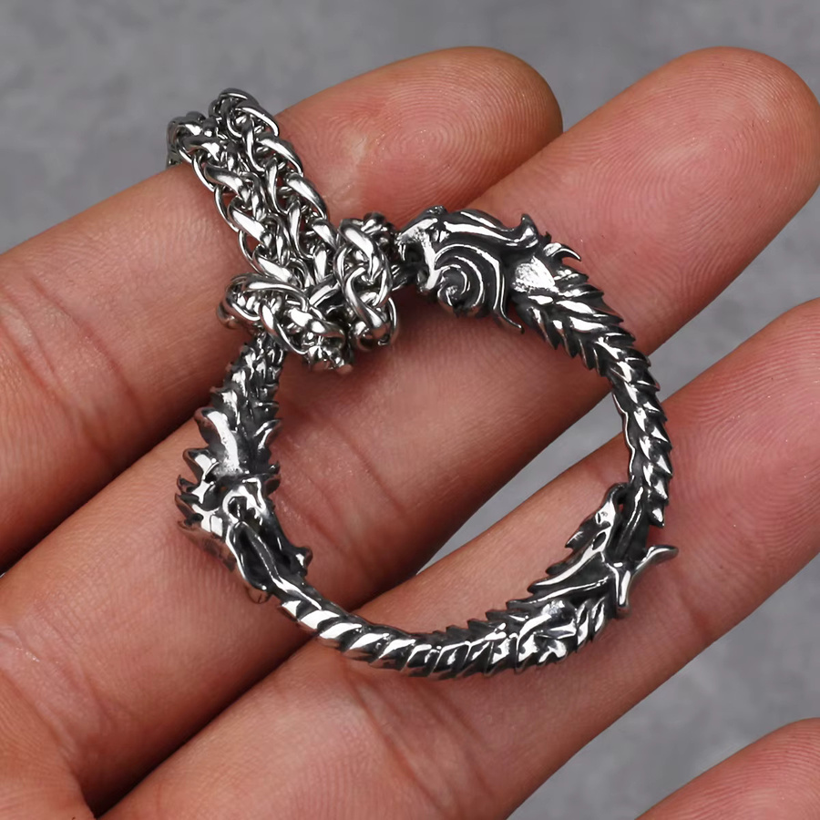Halskette Ouroboros Drei Kopf Drachen, Edelstahl, Silber, Unisex - Bild 2
