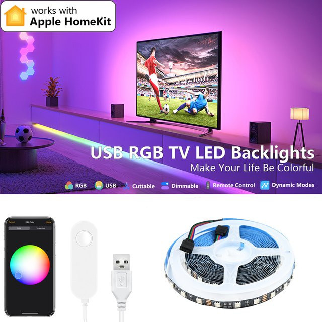 CENFAYA RGB LED Streifen mit Apple HomeKit und WiFi zur TV Hintergrundbeleuchtung, dimmbar via Siri Sprachsteuerung, USB Anschluss, Multicolour - Bild 1