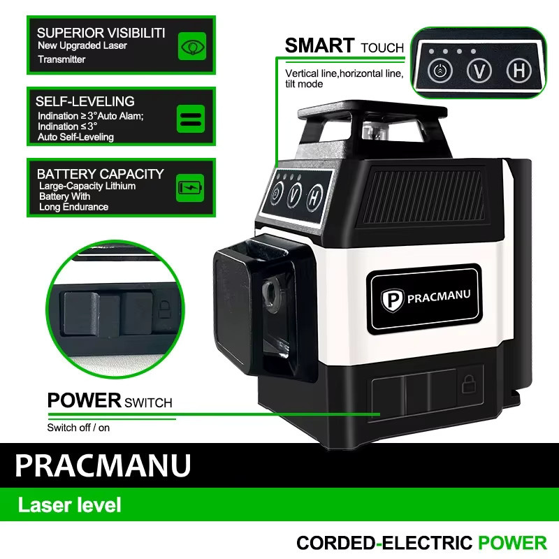 Pracmanu Mini 12-Linien-3D-Laser-Wasserwaage mit grünem Laserstrahl, 360° selbstnivellierender horizontaler und vertikaler Kreuzlinienlaser, Schwarz-Grün - Bild 4